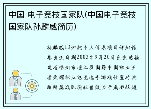 中国 电子竞技国家队(中国电子竞技国家队孙麟威简历)